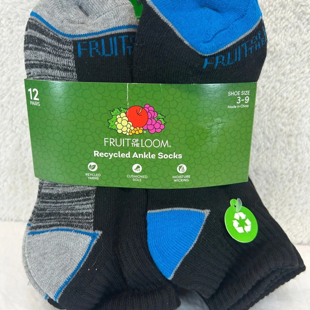 Fruit of the Loom 12 Pair Recycled Ankle Socks Black Grey Blue Shoe Size 3-9 NEW